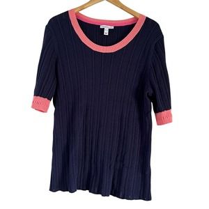 ISAAC MIZRAHI LIVE Ribbed Pointelle Scoop Neck Sweater Dark Navy M